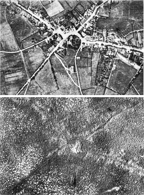 Aerial view of Passchendaele village, before and after the battle